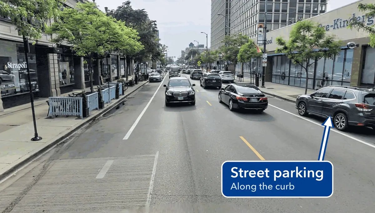 Diversey Parkway with cars parked along the curb, labeled street parking