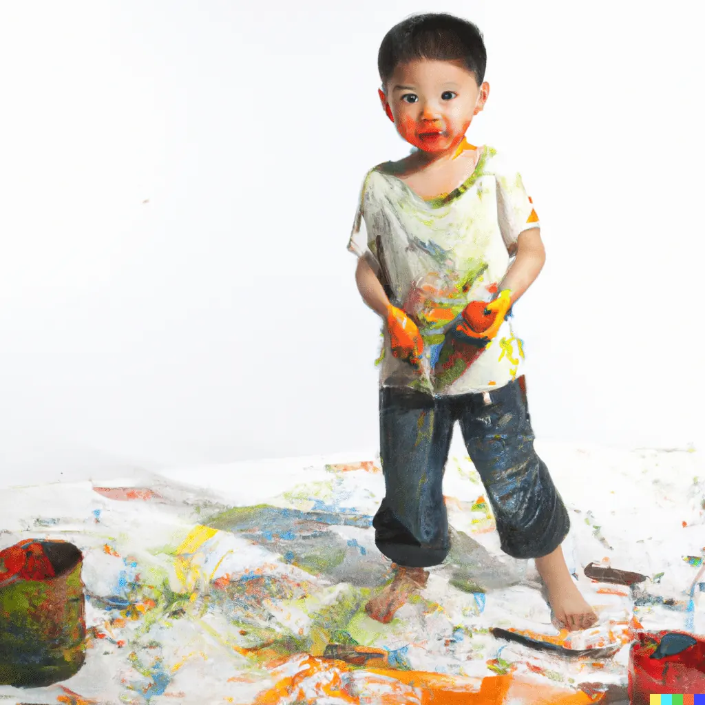 Young child covered in colorful paint, standing on a paint-splattered floor