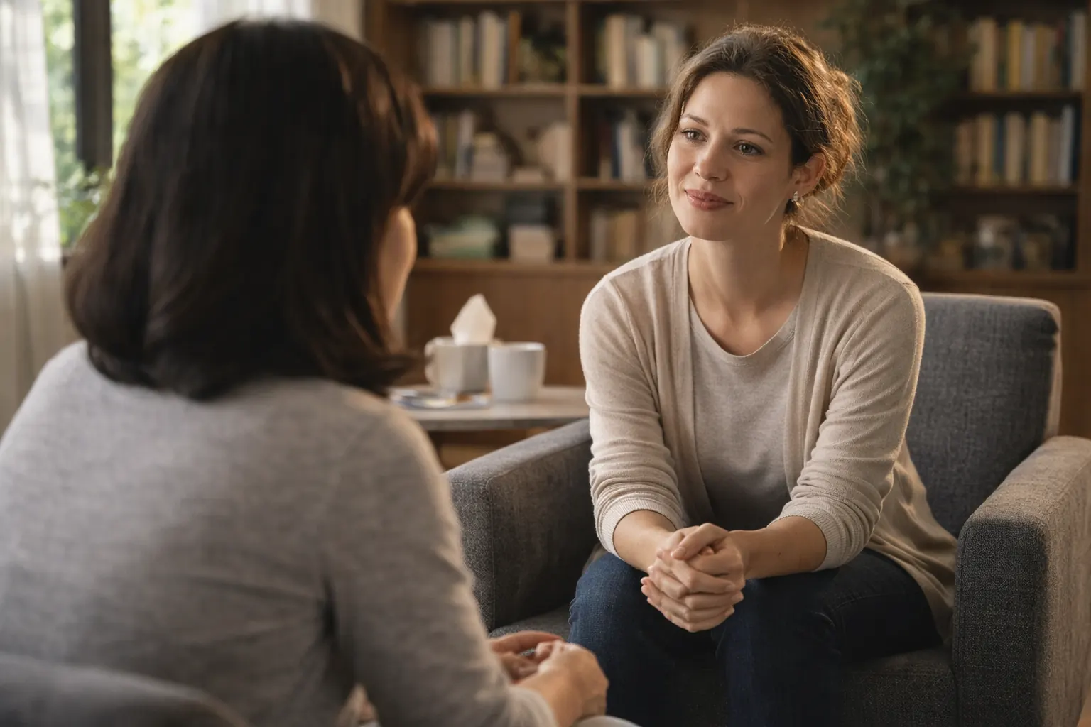 A patient listens and talks with a clinician in a warm, book-lined office