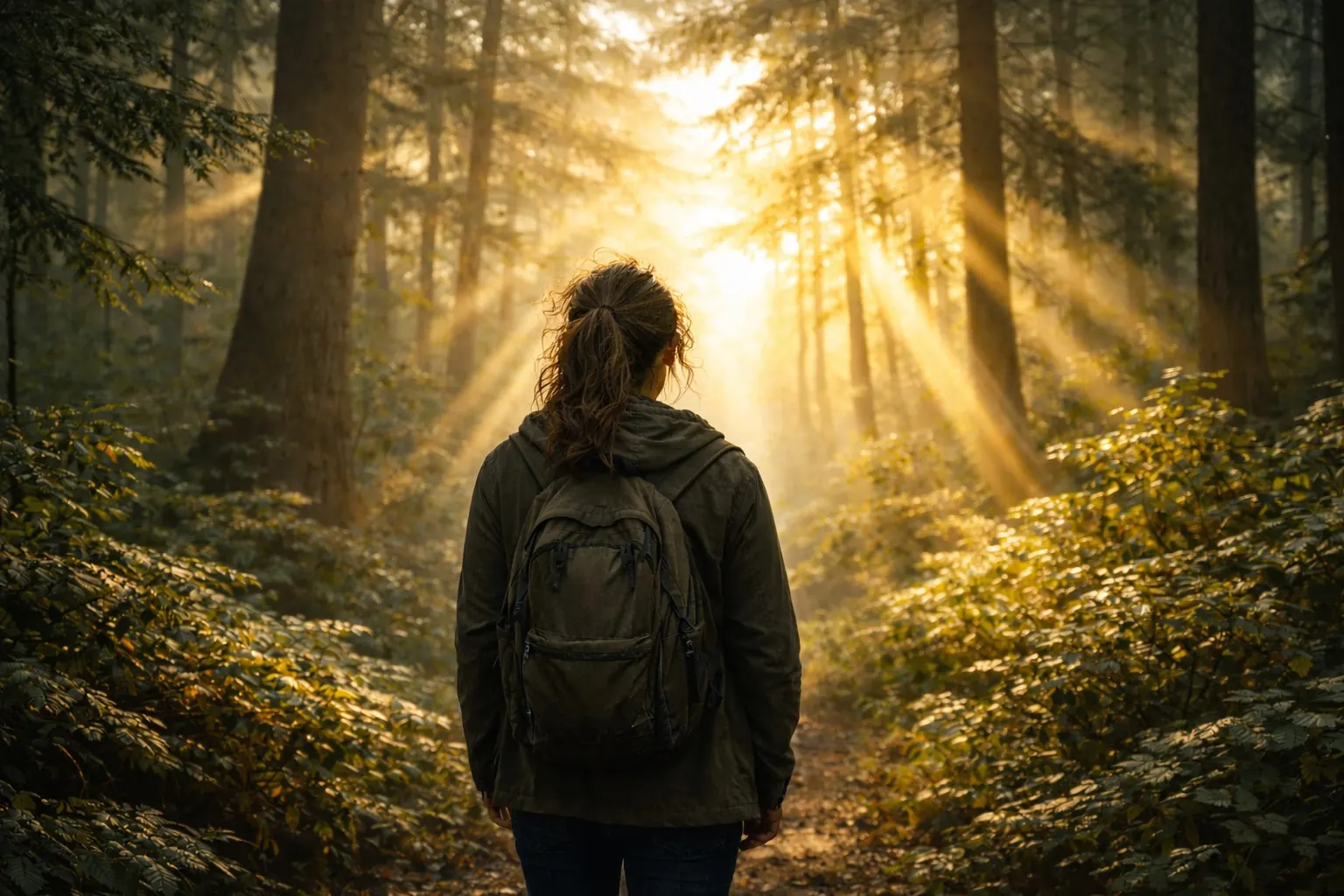 A person with a backpack walks toward sunlight in a forest